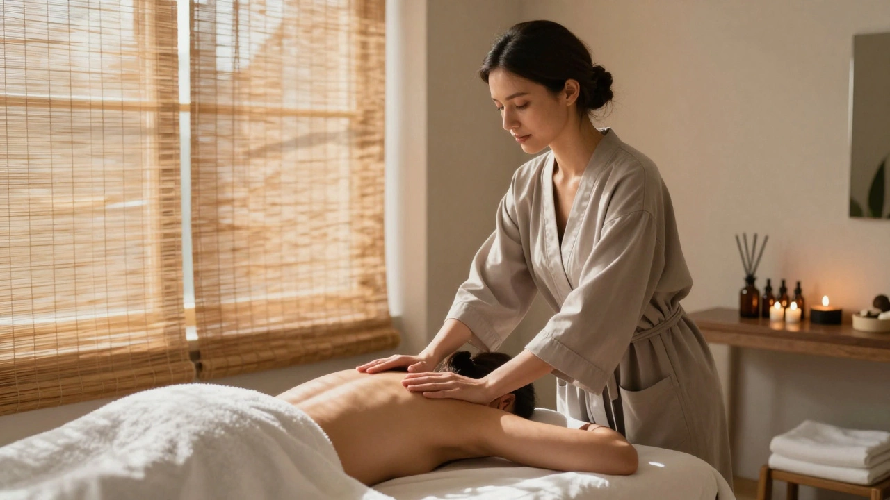 A massage practitioner pausing thoughtfully beside a table, sunlight filtering through bamboo curtains.