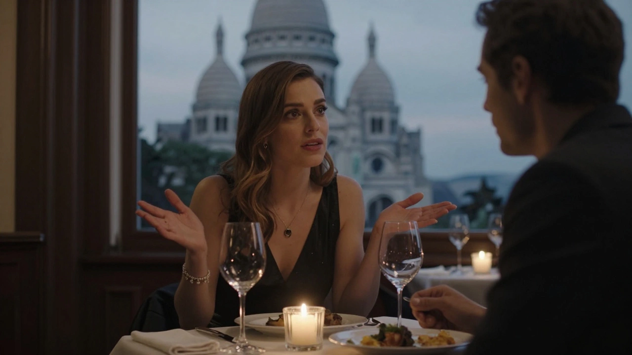 A woman and client sharing a quiet dinner in Montmartre, candlelight reflecting off wine glasses.
